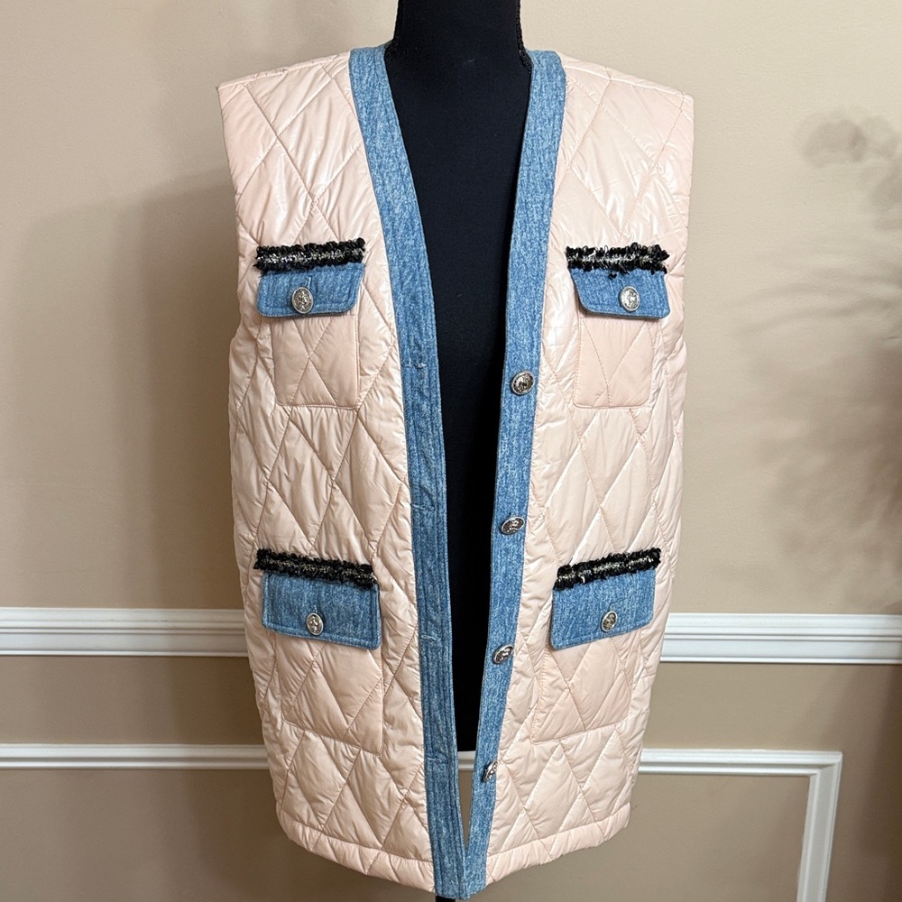 Women's Quilted Pink Vest with Denim Trim
